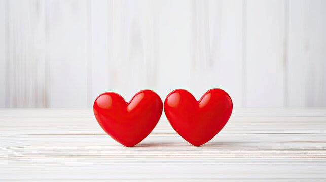 Two red heart on light wooden background with plenty of copy space.