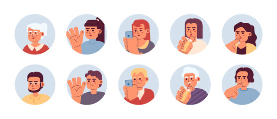 Fototapeta premium Different ages asians 2D vector avatars illustration bundle. Korean women, japanese men cartoon character faces collection. Adult asian casual flat color user profiles images isolated on white