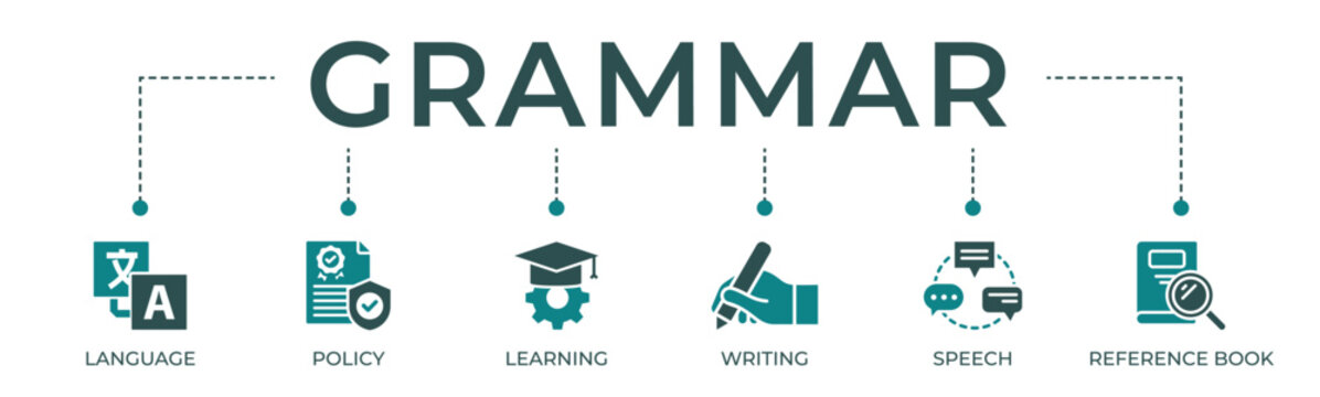 Grammar Banner Web Icon Vector Illustration Concept For Language Education With Icon Of Communication, Policy, Learning, Writing, Speech, And Reference Book