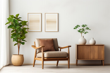 The view of a white minimal and simple living room with a wooden armchair and little coffee table set, and indoor plant pots, decorated with minimal painting style in a light wooden frame. Generative 