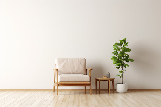 The view of a white minimal and simple living room with a wooden armchair and little coffee table set, and indoor plant pots, decorated with minimal painting style in a light wooden frame. Generative 
