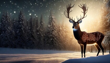 Male deer with big beautiful horns during winter on the field, macro photo. Christmas concept. Happy new year.	
