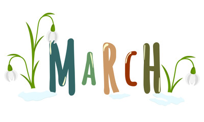 Lettering word March. Month March. Text with flowers snowdrops. Spring banner, border, Card, t-shirt design, invitation, background. Spring decorative element with snow and snowdrops spring flowers