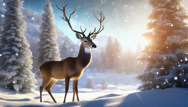 Male deer with big beautiful horns during winter on the field, macro photo. Christmas concept. Happy new year.