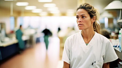 infirmière en blouse blanche dans les locaux d'un hôpital - obrazy, fototapety, plakaty