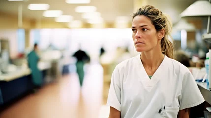 Fotobehang infirmière en blouse blanche dans les locaux d'un hôpital © Sébastien Jouve