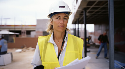 femme cheffe de chantier avec casque et gilet de sécurité (équipement individuel de sécurité) en visite sur un chantier de construction en extérieur - obrazy, fototapety, plakaty
