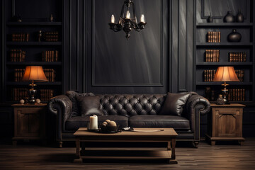 The view of a classic black raised paneling wall living room with the luxury brown leather sofa and dark coffee table set, carpet, and monochrome painting in a dark wooden frame. Generative AI.