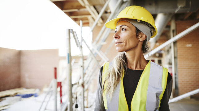 femme cheffe de chantier avec casque et gilet de s&eacute;curit&eacute; (&eacute;quipement individuel de s&eacute;curit&eacute;) en visite sur un chantier de construction en ext&eacute;rieur