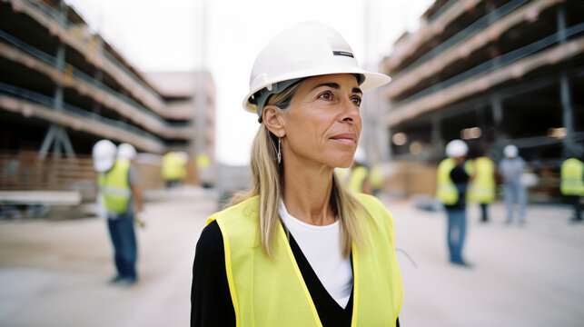 femme cheffe de chantier avec casque et gilet de s&eacute;curit&eacute; (&eacute;quipement individuel de s&eacute;curit&eacute;) en visite sur un chantier de construction en ext&eacute;rieur