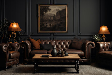 The view of a classic black raised paneling wall living room with the luxury brown leather sofa and dark coffee table set, carpet, and monochrome painting in a dark wooden frame. Generative AI. - obrazy, fototapety, plakaty