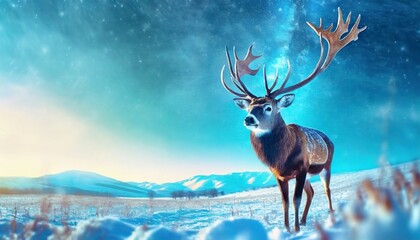 Noble deer male in winter snow forest. Artistic winter new year landscape. Winter landscape with deers,snow and fir tree. Christmas concept. Happy new year.	
