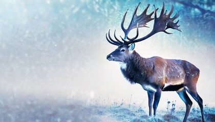 Male deer with big beautiful horns during winter on the field, macro photo. Christmas concept. Happy new year.	
