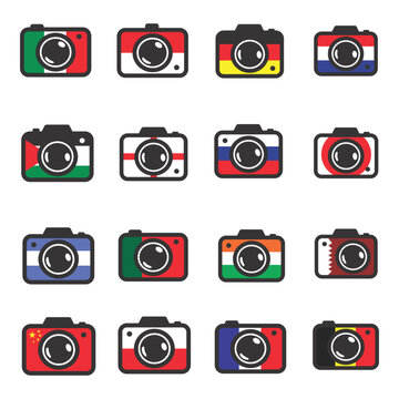 country flag camera silhouette icon set, eps 10 vector design
