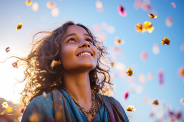 Happy Indian woman excited looking up in the confetti - obrazy, fototapety, plakaty
