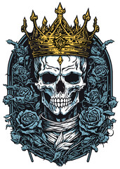 Skull with crown amidst dark blooms