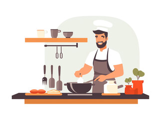 2D illustration of a chef preparing food in a modern kitchen. Looking happy and wearing a chef's special outfit.