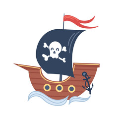 Cute Childrens pirate ship in cartoon style. Jolly Roger, adventures and travels. Vector flat illustration . For stickers, posters, postcards, design elements.