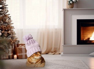 A red cat in a knitted hat against the background of a room decorated for Christmas