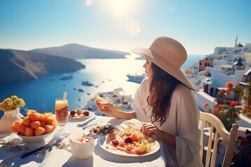 Happy young couple eating and drinking in Santorini - obrazy, fototapety, plakaty