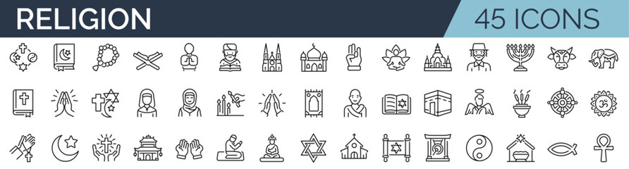 Set of 45 outline icons related to religion. Linear icon collection. Editable stroke. Vector illustration