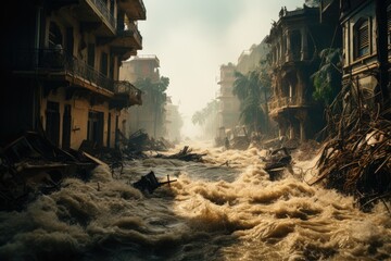 Catastrophic flooding in a coastal city in India due to a sea level rise. Global warming consequences. - obrazy, fototapety, plakaty
