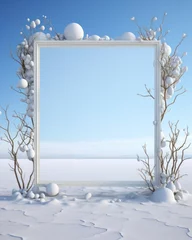 Zelfklevend Fotobehang A captivating art installation of a frame decorated with white winter branches in a serene, snowy landscape © Glittering Humanity
