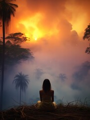 A woman observes a mesmerizing fiery sunrise while meditating above a mist-covered jungle landscape