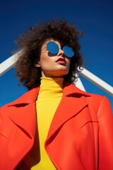Fashionable young woman with curly hair wearing sunglasses and a bright red jacket against blue sky