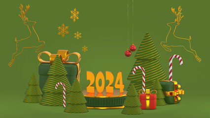 Concept new year mockup. Empty green and gold round podium with a Christmas decorations. Christmas tree, candy cane, snowflakes, gift boxes, and red balls. Mock up. 3d rendering