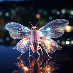 Fototapeta na wymiar Close-up photography ,a creature, imaginary creatures, ,Insect, Toukoumitsu, Transparent, Wings, Glowing, Crystal, Valley, River, Lake