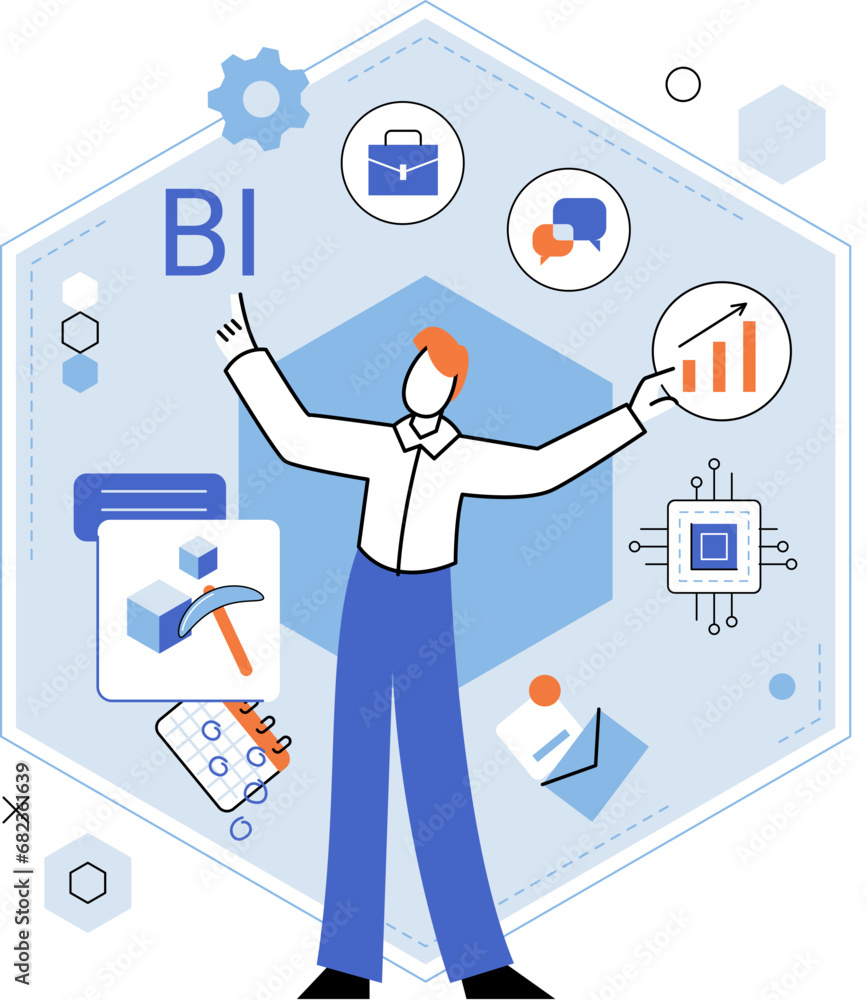 Poster business intelligence. vector illustration technology enables efficient datanalysis and communicatio