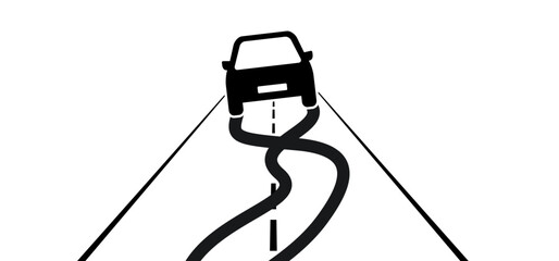 Slippery road. Cartoon car skidding uncontrollably across the highway. warning, vehicle skidding across the road past warning signboard. Traffic, city street. Car skid, traffic sign. car accident icon - obrazy, fototapety, plakaty