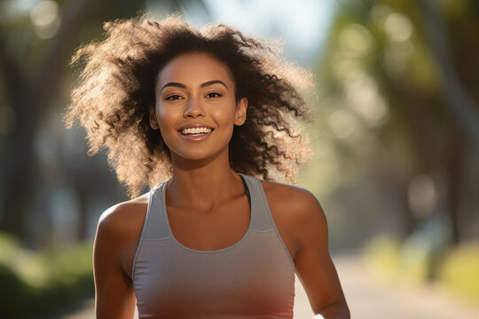 Smiling young African American woman jogging in nature depicting health and happiness with an active lifestyle