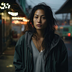 Portrait of a thoughtful young Asian woman in casual fashion on an urban evening street life setting could enhance lifestyle branding