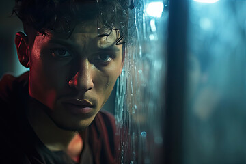 Dramatic portrait of a young adult man gazing through a wet window for moody urban themed representation in film and literature