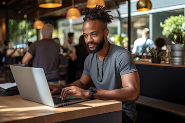 Young African American man smiling while working on laptop in a relaxed coffee shop atmosphere suited for technology and business industries