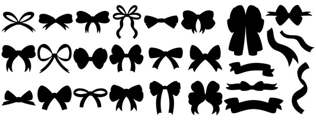 Simple hand drawn ribbon bow collection silhouette. Black color shape. Bowknot for decoration, big set of bowtie.