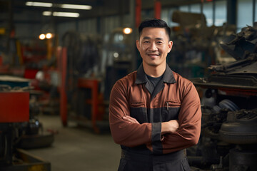 The portrait of a smiling Asian male mechanic in an apron standing in front of many mechanical tools and equipment in a garage workshop. Generative AI.
