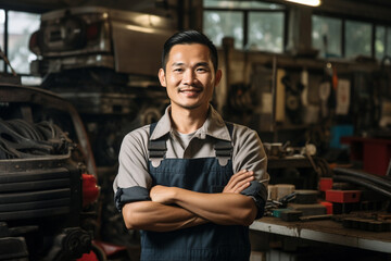 Obraz premium The portrait of a smiling Asian male mechanic in an apron standing in front of many mechanical tools and equipment in a garage workshop. Generative AI.