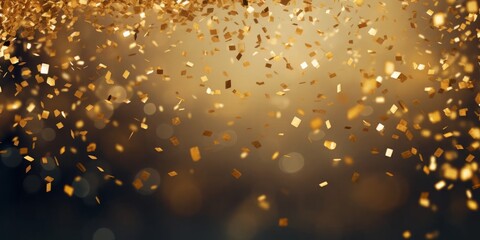 Festive background of golden confetti falling dow. Copy space for text - obrazy, fototapety, plakaty