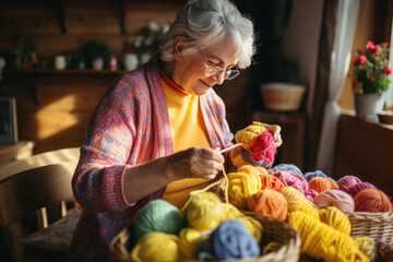 Senior woman happily knitting with colorful yarn in a cozy setting ideal for craft and hobby industry - Powered by Adobe
