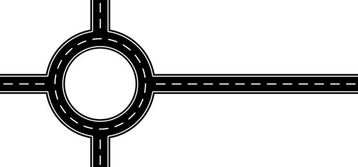 Roundabout, intersection. Winding road. Curved road with white markings. Asphalt roadway with turns. Curve way or asphalt highway or city street. Winding route, rotunda. traffic circle, congestion.