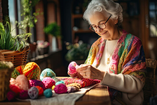 Elderly woman enjoys knitting colorful wool crafts in a cozy sunlit room ideal for hobby and lifestyle content