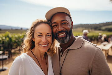 Happy diverse middle-aged couple enjoying a sunny day at a vineyard suitable for leisure travel and wine tourism ads