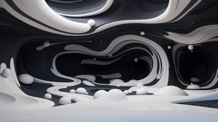 An abstract space with fluid shaped walls painted in monochromatic greys AI generated illustration