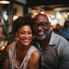 Smiling African-American middle-aged couple enjoying a cozy evening out in a restaurant symbolizes love companionship leisure lifestyle happiness and togetherness for lifestyle and relationship themes