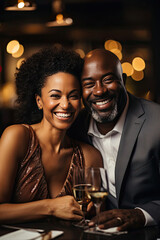 Smiling couple of African descent enjoying a romantic and elegant evening with wine at a fine dining restaurant great for relationship and lifestyle ads