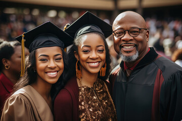 Proud African American father with his daughters celebrating graduation day full of joy and achievement