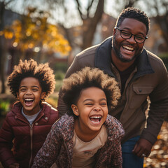African American father enjoying a fun autumn day with joyful kids at the park embodying warmth love and family bonding - obrazy, fototapety, plakaty